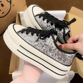 vdvw今年流行的厚底鞋女2024春季新款设计感小众亮片帆布鞋超火小白鞋