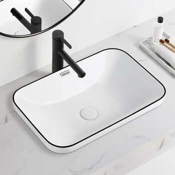 卡菲纳黑色半嵌入式台中盆洗手盆台上盆洗手盆方形陶瓷洗脸盆单盆 黑