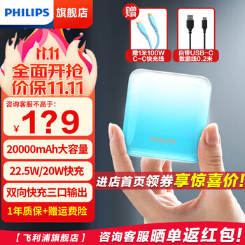 飞利浦充电宝20000毫安时大容量苹果PD20W华为22.5W超级快充便携小巧适用安卓手机可上飞机 【20000毫安】DLP2202蓝白+1米线双C口