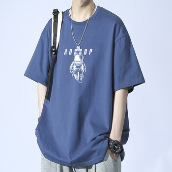 男士短袖t恤夏季潮牌宇航员印花短袖男宽松潮牌美式纯棉短袖男蓝色xl