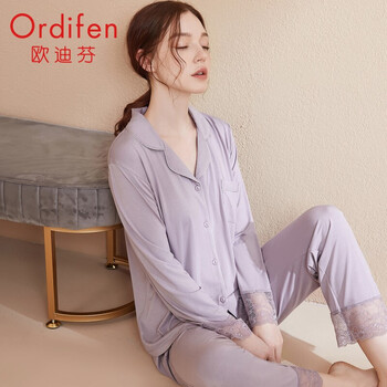Odifen﹢睡衣女莫代尔绵柔亲肤翻领开衫长袖女士家居简约可外穿套装PH0701