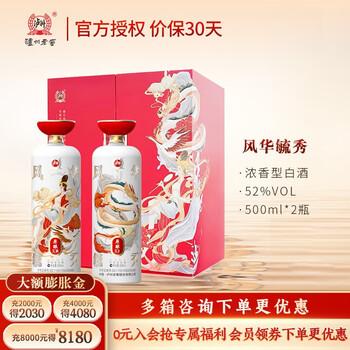 泸州老窖【礼盒送礼】52度优级酒浓香型白酒 纯粮固态发酵 婚宴用酒 原酿天典风华毓秀500ml*2瓶礼盒