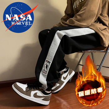 NASA MARVEL休闲裤男秋冬季束脚运动加厚宽松弹力大码春款潮流 黑色加绒 2XL 