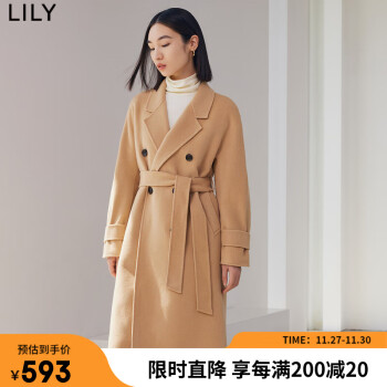 LILY2022冬新款女装舒适保暖全绵羊毛感纯色宽松毛呢大衣外套 710咖啡 M