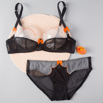 shinokoo四季透明胸罩全透文胸套装性感内衣女蕾丝薄款大胸显小 黑色