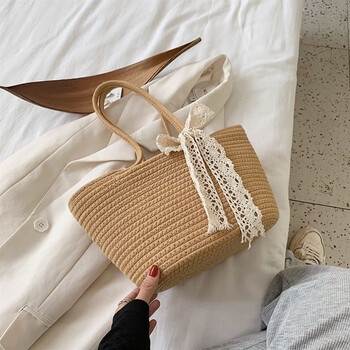 女包棉线编包新款编织包时尚单肩草编包休闲女包沙滩包 卡其色
