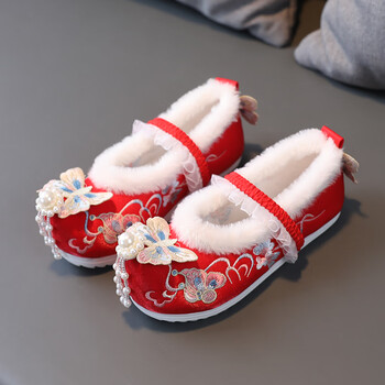 宁悠过年穿的鞋子儿童汉服绣花鞋冬款加绒女童唐装拜年古风古装手工鞋