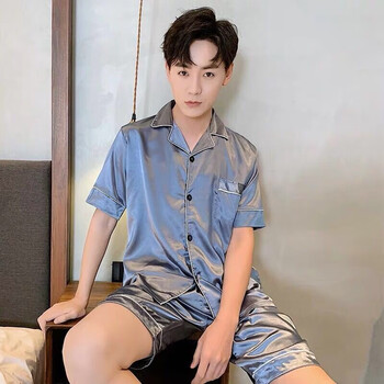夏天睡衣男士青少年加大码居家服男生学生夏季男士睡衣短袖薄款冰丝春秋两件套装仿冰丝夏天男式生家居服灰蓝色 男短袖短裤 中学生男子可出门透气帅气