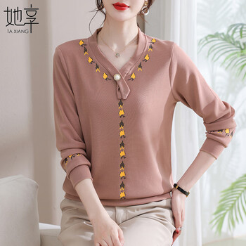 她享妈妈装秋装针织衫老年人衣服刺绣长袖T恤百搭打底衫T233T2531