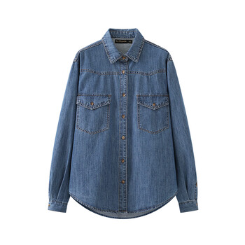 mindbridge复古蓝宽松翻领长袖加绒牛仔衬衫女衬衣上衣蓝色xs8085斤