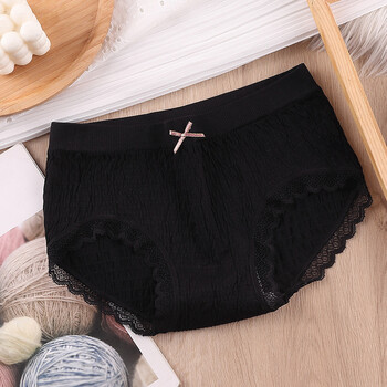 夏季薄款褶皱日系内裤女透气无缝高弹石墨烯裆部蕾丝边三角裤女黑色
