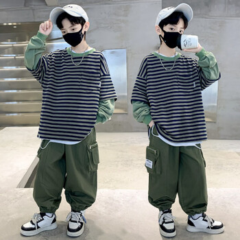 桂杉格童装男童套装秋季男孩休闲炸街条纹卫衣裤子两件套中大儿童春秋