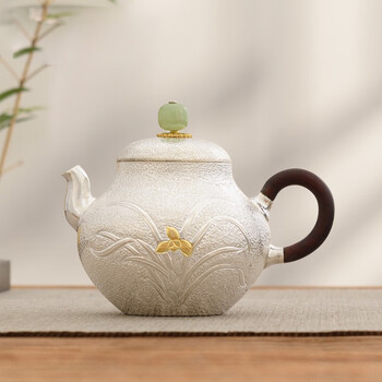凯斯唯嘉 银壶999纯银泡茶壶鎏金兰花纯手工茶具小银壶茶壶家用壶功夫