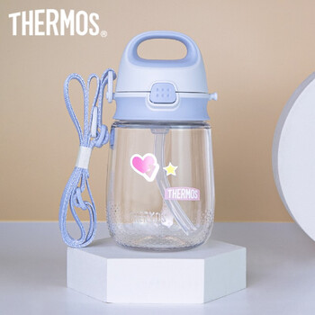 膳魔师THERMOS 儿童水杯四季可用宝宝学饮杯可爱猪猪PA材质 370ml儿童吸管杯婴儿水壶蓝色 送Diy贴纸