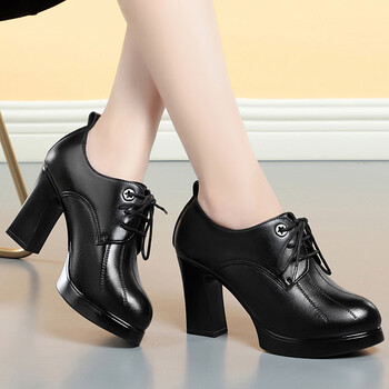 adrm春秋粗跟圆头粘胶鞋休闲真1皮低帮纯色复古现货黑色高跟鞋黑色8