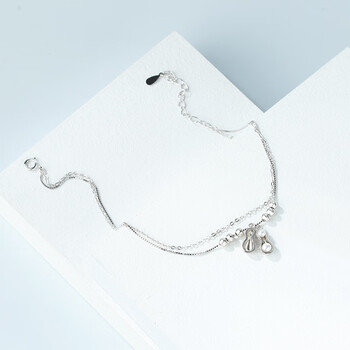 awjj日韩版精细银花生脚链双层链子珍珠脚饰夏季银配饰送女友礼物银色