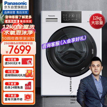 松下（Panasonic）大容量洗衣机12公斤 滚筒式全自动 BLDC变频电机 超微泡沫净【光动银除护色】XQG120-3NB1E