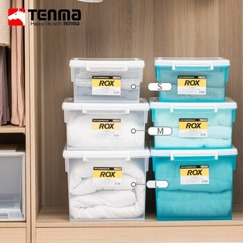 TENMA天马塑料收纳箱透明大号密封箱玩具加厚整理箱衣物收纳卡式收藏箱 L 透明蓝 1个装 37*55*30cm
