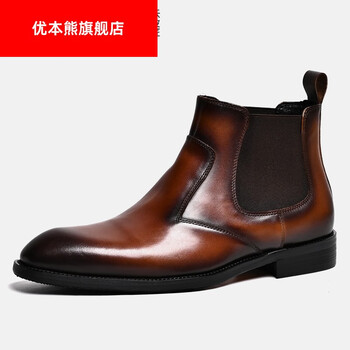 优本熊沃皮匠头层牛皮切尔西靴男潮英伦松紧口套筒短靴子高帮皮鞋古铜