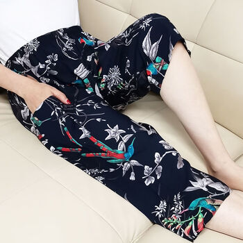 悠曼娅夏天人造棉绸睡裤女睡裤女夏棉绸七分裤薄款人造棉裤子宽松大码