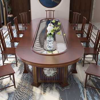 蕾盈 酒店电动餐桌大椭圆桌长方形饭店长桌旋转传送带20人宴会桌 配套