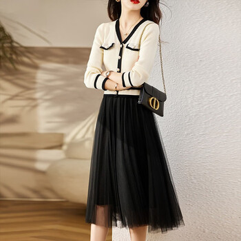 xehci时尚气质假两件小香风连衣裙女秋季装新款时尚洋气长裙子米白色m