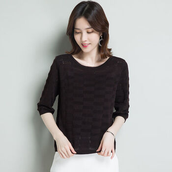 zrty春春秋装2021新款女装针织衫短款中袖t恤宽松薄款镂空短袖打底咖