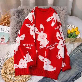 泊宗兔子红色毛衣女秋冬加厚本命年兔年新年款过年情侣装上衣针织衫潮