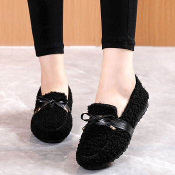 回力毛毛鞋女秋冬外穿2023新款网红时尚蝴蝶结豆豆鞋孕妇羊羔毛棉瓢鞋
