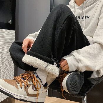 POUM休闲裤子男羊羔毛棉裤秋冬季款加绒加厚保暖抽绳宽松直筒束脚长裤 BKEG-B28黑色【加绒款】 2XL【体重150-170斤】