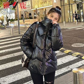 雅鹿新款修身显瘦服饰短款羽绒服女百搭外套女装亮面免洗羽绒服黑色
