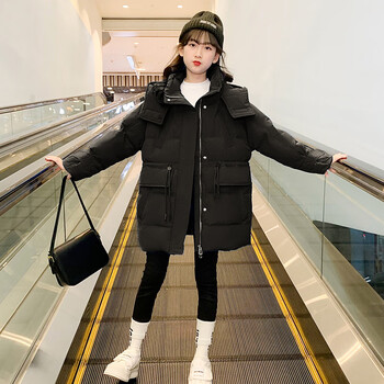 中长款冬装夹棉外套羽绒棉衣女孩中大童加厚棉袄中小学生黑色170cm