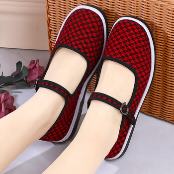 夏季老北京女布鞋女鞋春秋新款民族风绣花鞋一字带方口手工布鞋平底气质单鞋黑色布鞋女工作鞋酒店 A-2新红格子 35【鞋偏大】