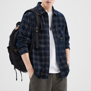 楠宁美式潮牌重磅衬衫格子黑色春秋季新款衬衣上衣圆领薄外套男藏蓝m