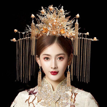 秋怀绿新娘头饰秀禾发饰秀禾服凤冠红色结婚流苏步摇中式大气禾服婚礼
