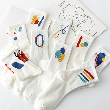 珏珏鸭均码818岁白色涂鸦中筒袜春秋吸汗运动袜男女学生休闲棉袜子一