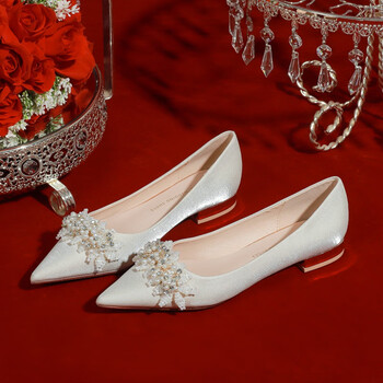 晴裴孕妇可穿水晶平底婚鞋新娘鞋女禾秀婚纱两穿2023年新款白色低跟婚