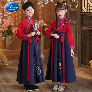 服儿童女中国风古装书童表演服小学生演出服服装男孩 红蓝火焱直袖款