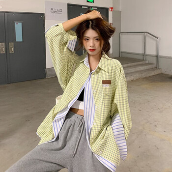揣素小香风外套百搭上衣假两件高中女生春夏天穿的大号码格子衬衫学生