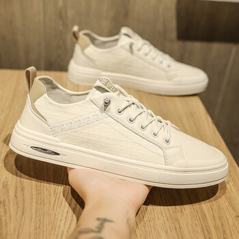 男鞋秋冬新款休闲鞋男士皮面增高鞋男刺绣运动鞋子男 米色-潮牌男鞋