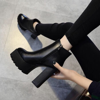 鞋女大学生玛丽珍鞋秋冬粗跟裸靴女高跟鞋粗跟短靴秋季冬天20黑色pu35