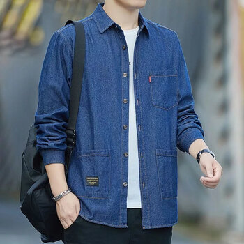 七匹狼牛仔衬衫男士长袖潮流休闲外套宽松版上衣春秋衬衣牛仔深蓝3xl