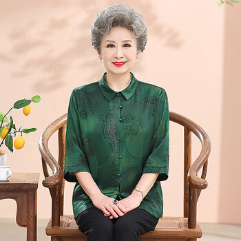 艾上他她妈妈夏装长袖t恤衫中老年女装印花上衣40岁50阔太太翻领衬衫