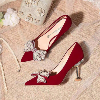 婚鞋水晶高跟鞋婚鞋冬季女秀禾婚纱两穿新款中式红色新娘鞋结婚水晶
