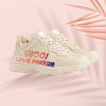 gucci古奇男鞋运动鞋老爹鞋象牙白皮rhyton系列厚底宽体造型彩色印花