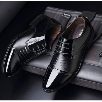 朗捷罗langieno秋冬男士爸爸皮鞋男商务正装漆皮鞋婚鞋青年尖头亮皮男