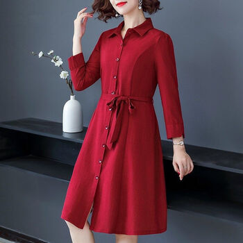 【女装新款】妈妈秋装连衣裙2021中年新款阔太太洋气高贵衬衫中老年女春秋裙子 红色 3XL 【建议125-140斤】