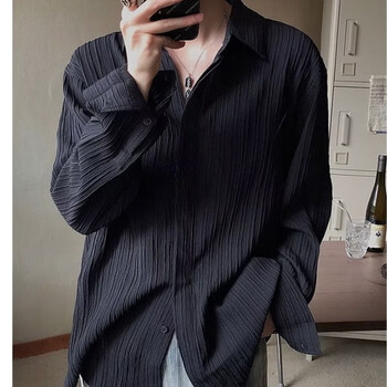 纯色免烫男士长袖衬衫上衣秋季新款高级感潮流小众纹理衬衣男黑色m