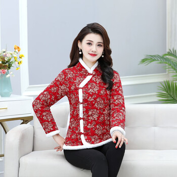 女士唐装小棉袄冬款中国风冬装网红棉袄夹棉保暖女装春秋复古 小红花