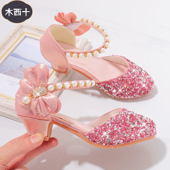 木西十女童公主鞋主持人钢琴演出皮鞋儿童高跟鞋小孩银色舞台礼服水晶
